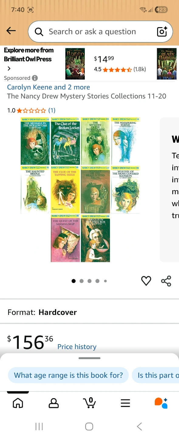 10 dollars per book. Nancy Drew Mystery Books Collection 11-20