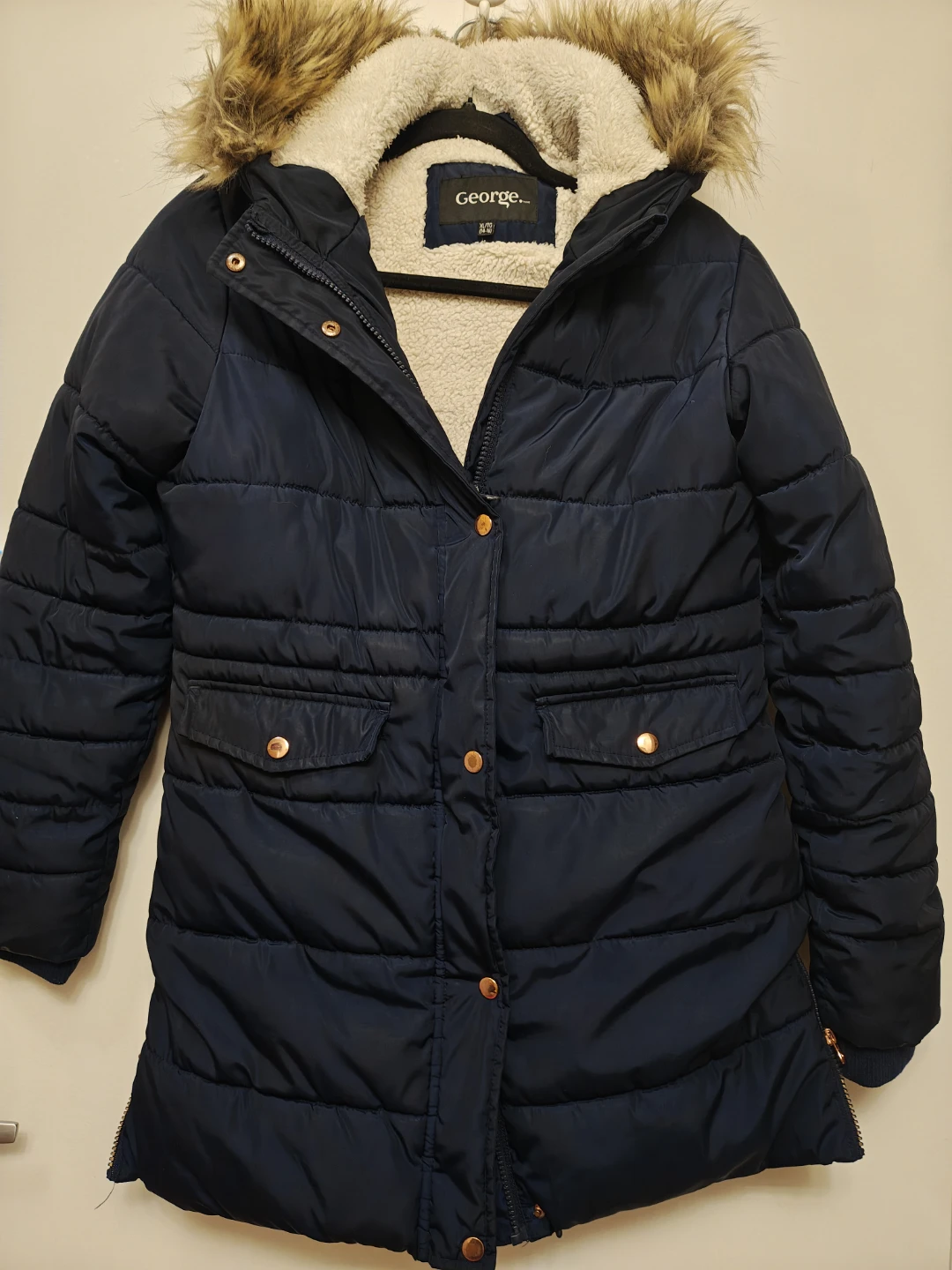 Navy Puffer Winter Coat with Faux Fur Trim Youth Large