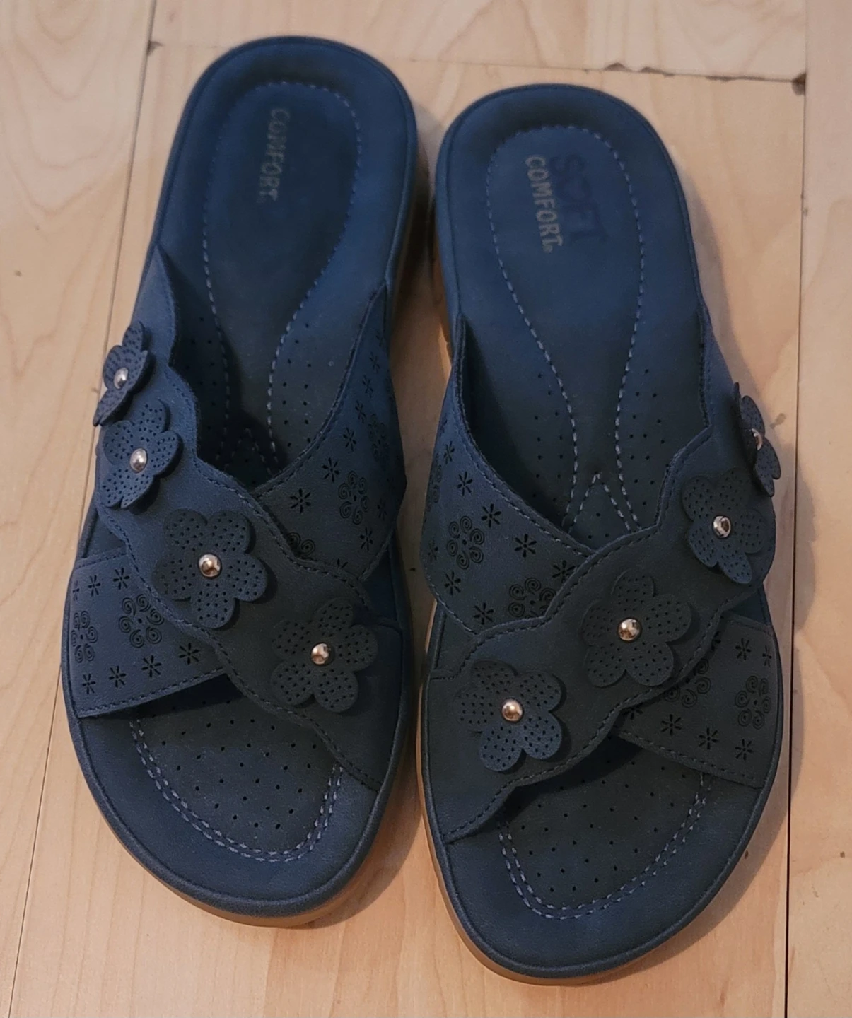 Soft Comfort Blue Slide Sandals with Flowers - photo 2