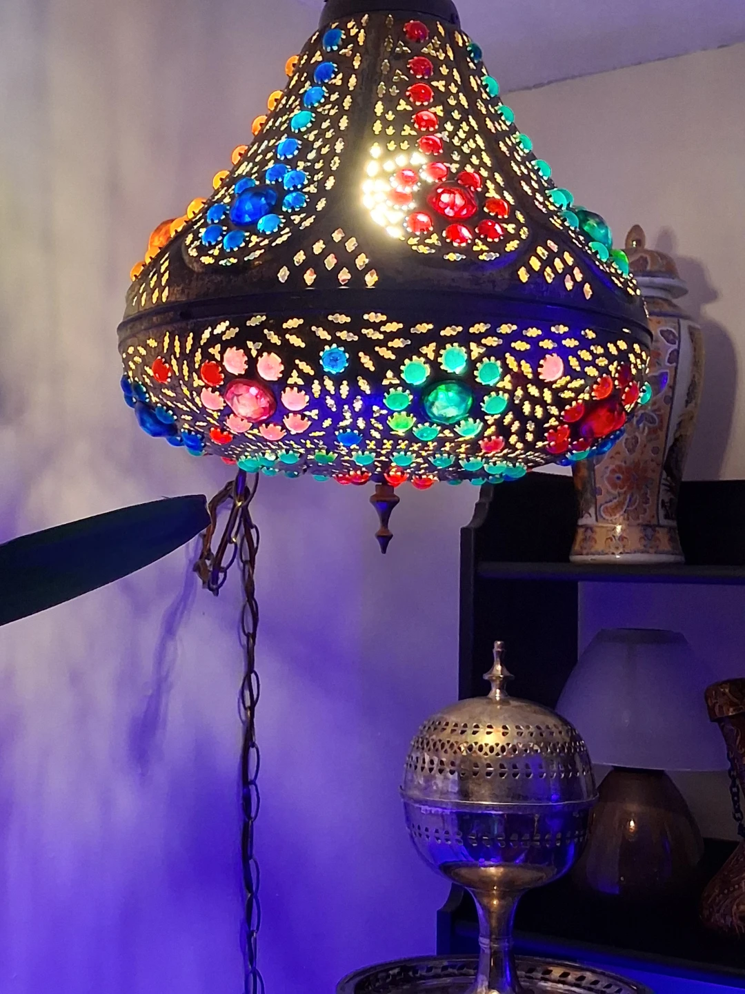 Syrian Brass and Glass Swag Lamp