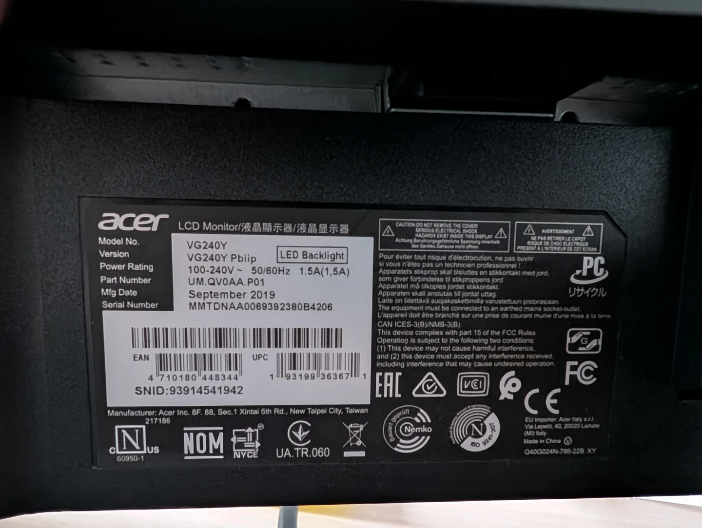 Acer VG240Y Pbiip 24" 165HZ IPS Gaming Monitor $75