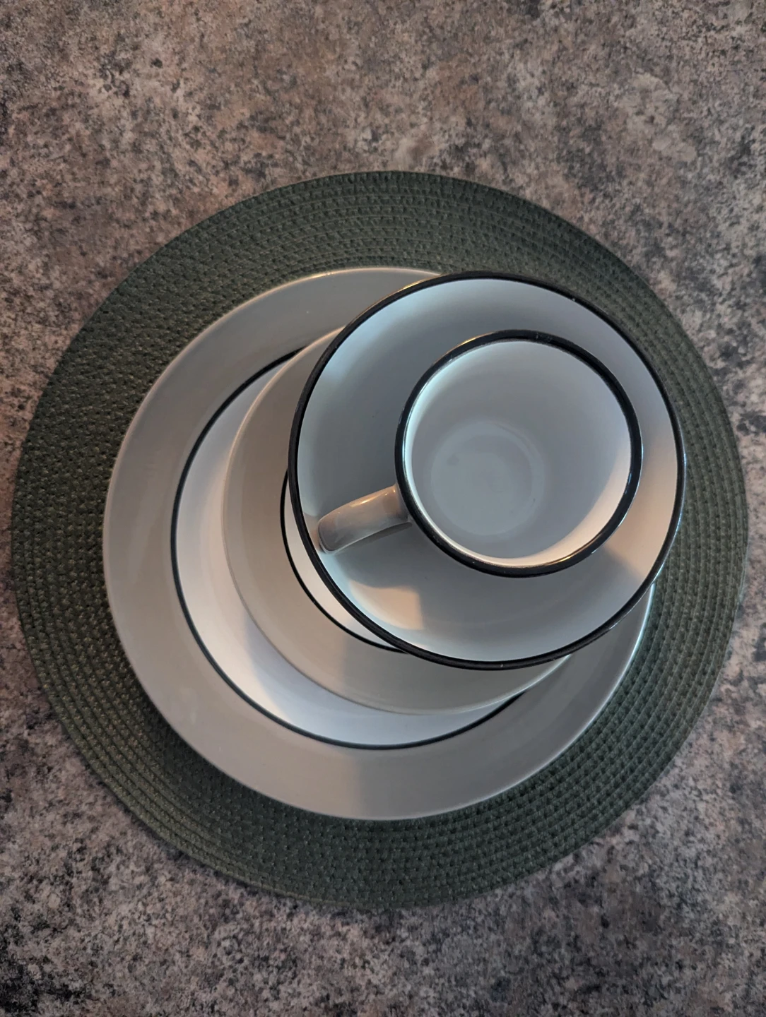 Grey and White Dinnerware Set with Black Trim