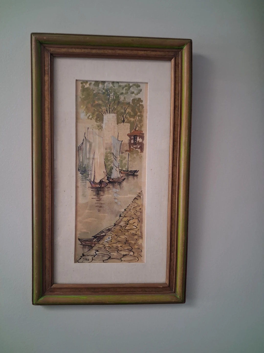 Framed vintage Watercolour Painting of Sailboats by Dan