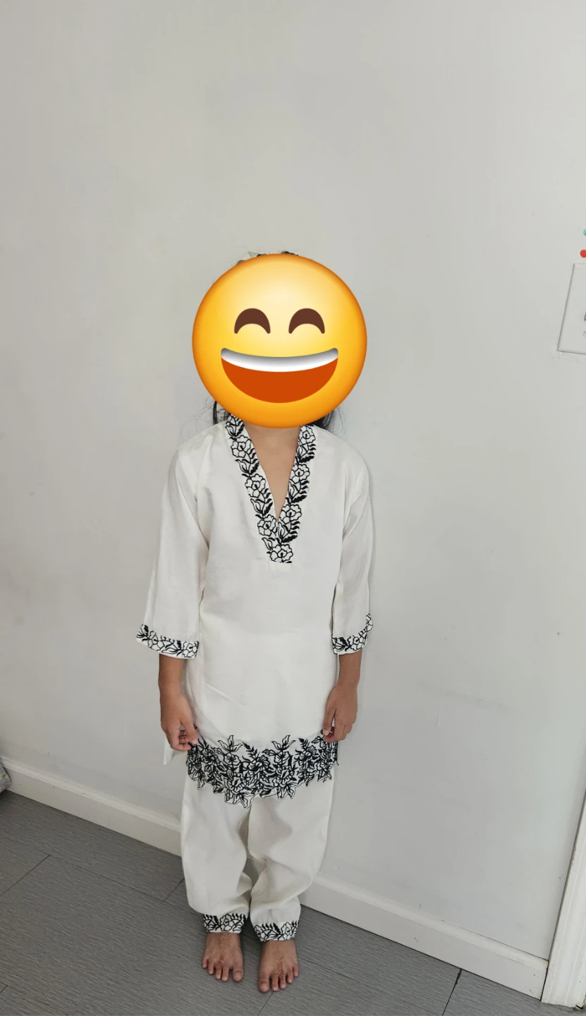Kids White Kurti Pants Set Black Floral Embroidery