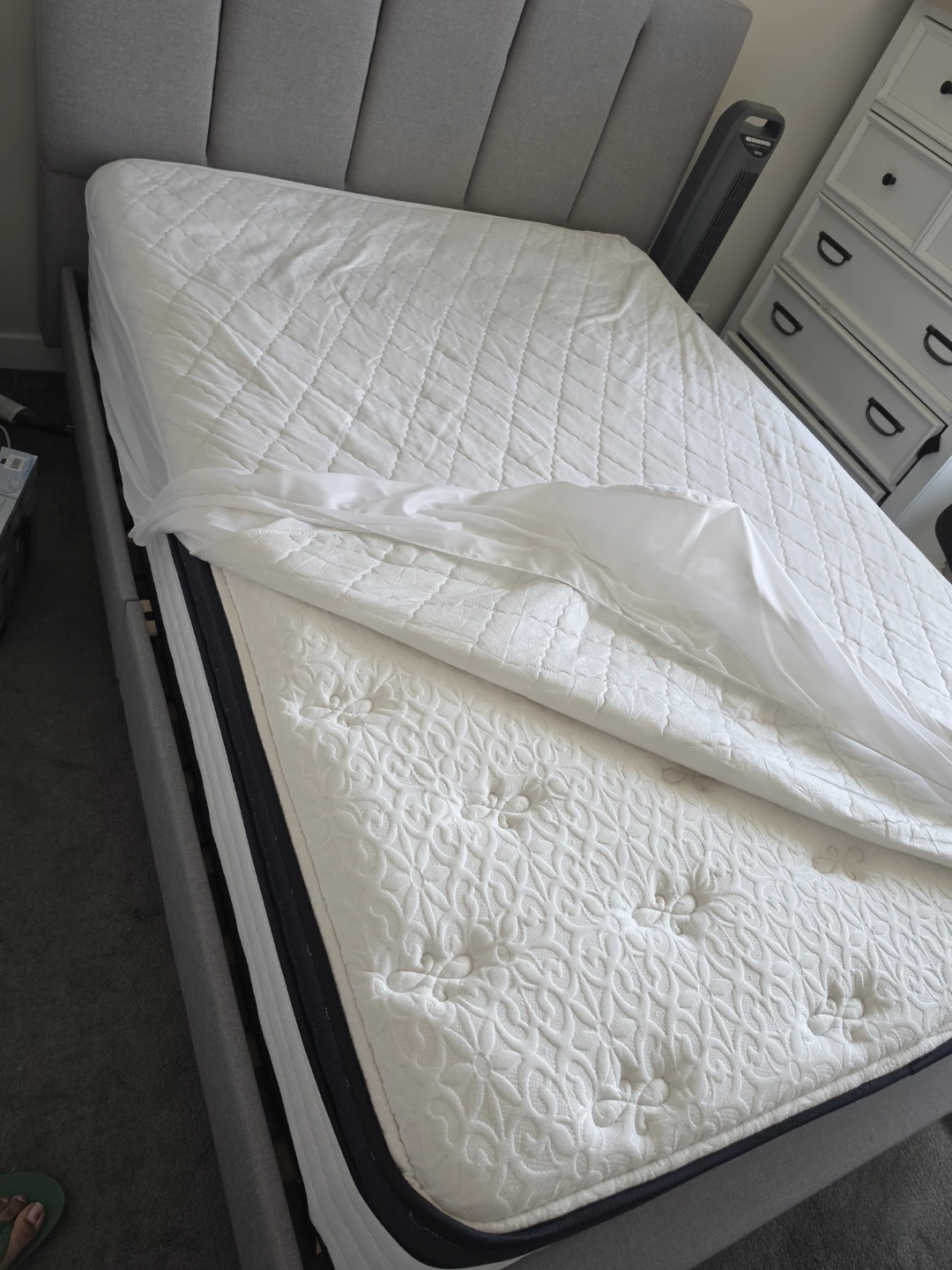 Quilted Mattress Pad , mattress & Upholstered Double bed Frame.