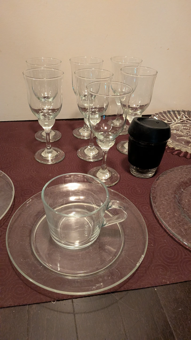 Clear Glassware Set with Plates, IKEA Mugs, Wine Glasses - photo 2