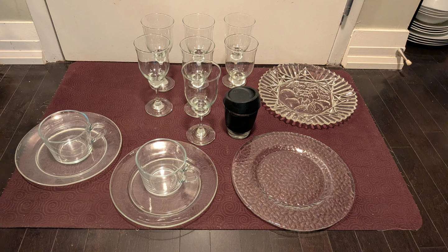 Clear Glassware Set with Plates, IKEA Mugs, Wine Glasses