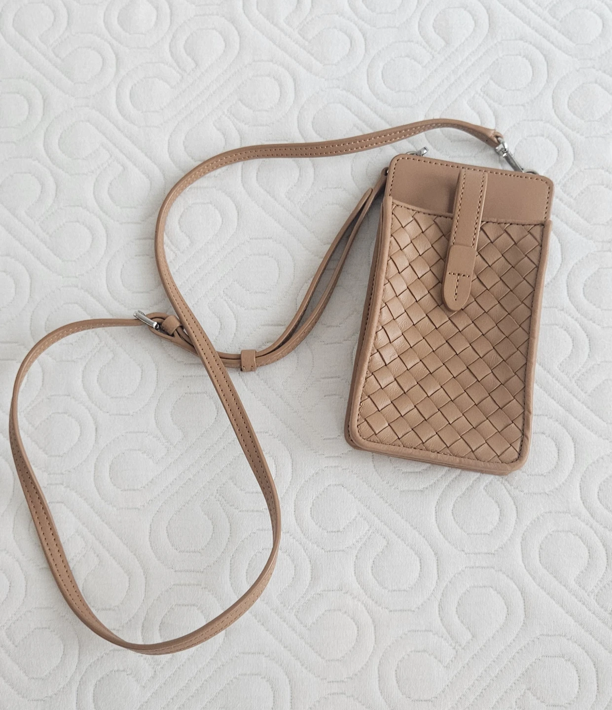 Geiger Tan Woven Phone Crossbody Bag