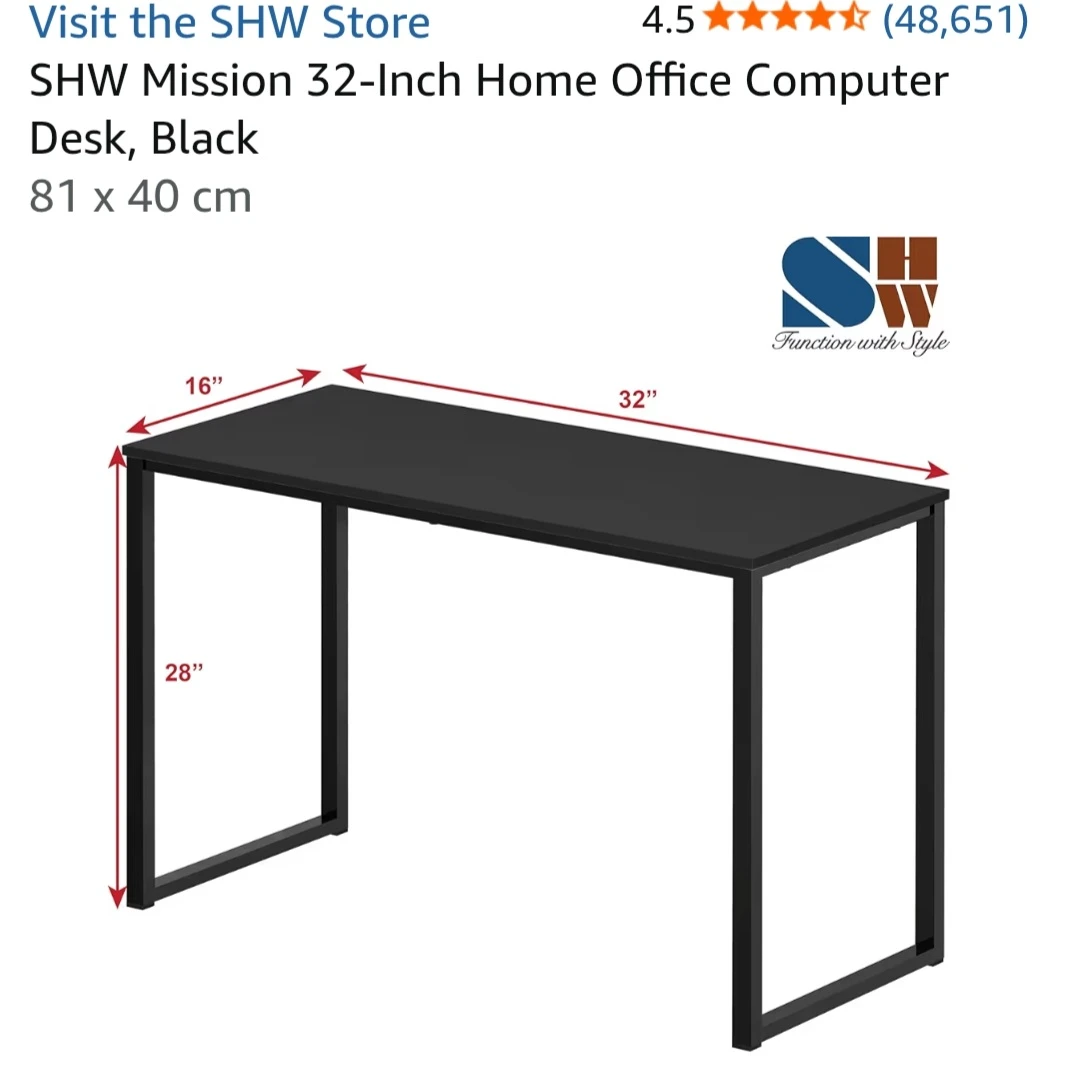 SHW Mission 32-Inch Home Office Computer Desk, Black - photo 2