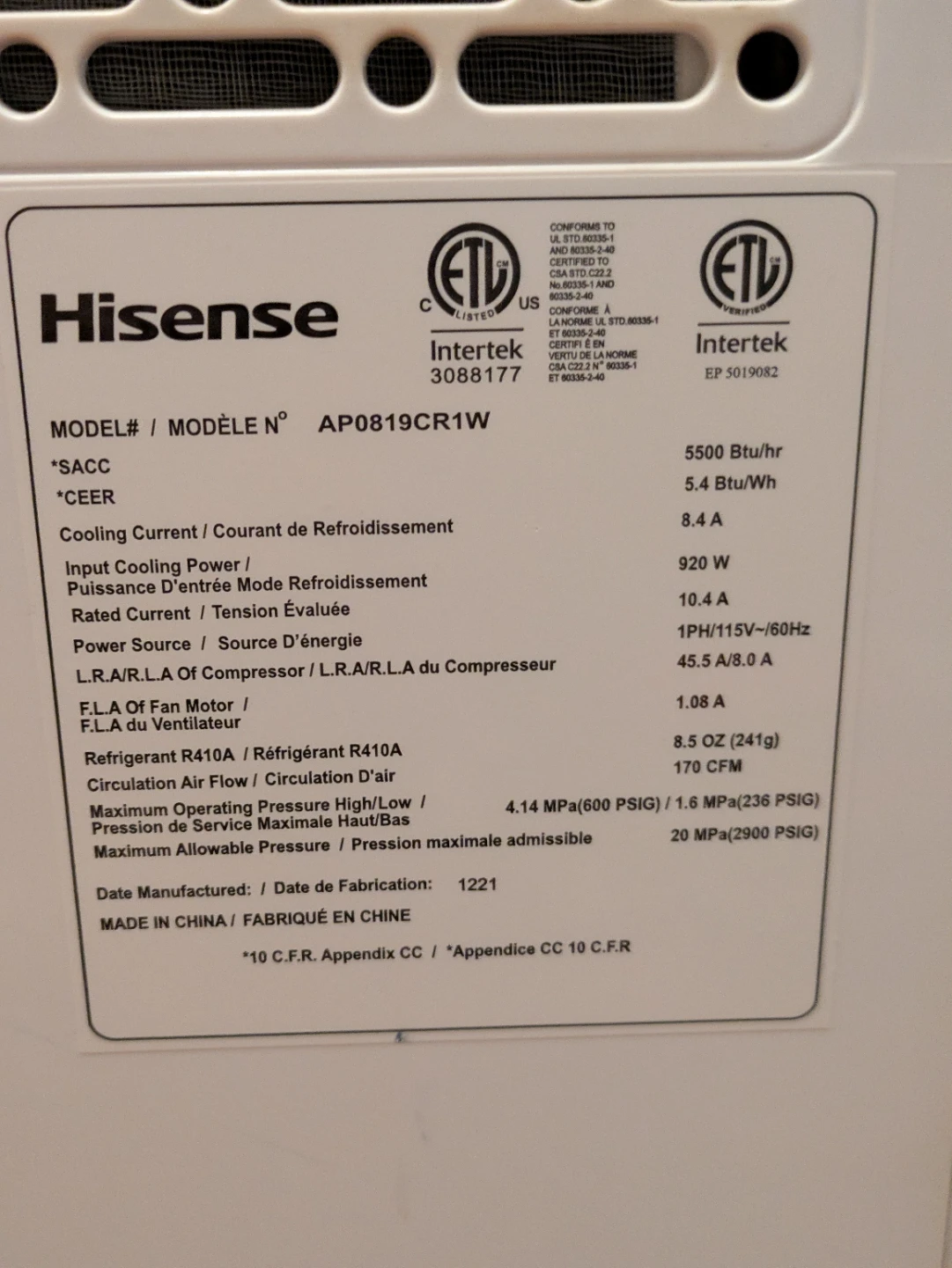 Like New Hisense  Portable Air Conditioner - photo 5