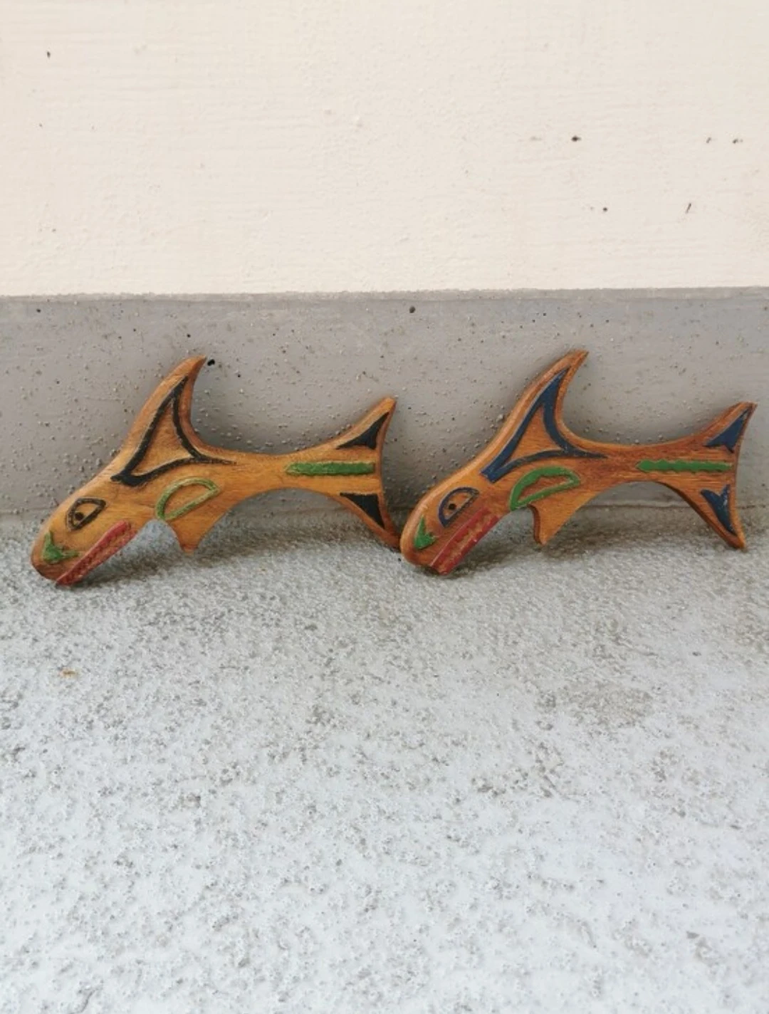 Vintage Hand Carved Hand Painted Wooden Salmon Wall Art Pair