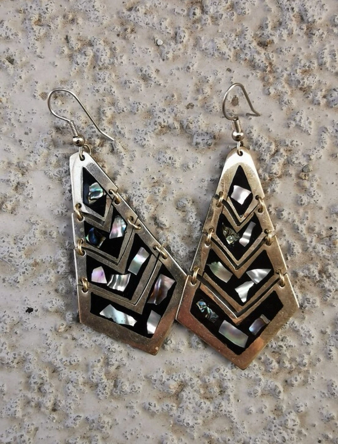 Vintage Mexican Alpaca Abalone Shell Inlay Dangle Earrings