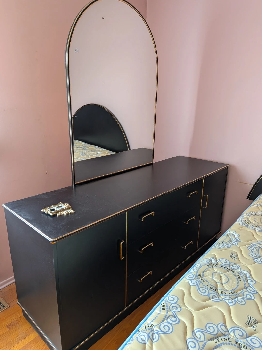 Black Dresser with Mirror and Gold Trim