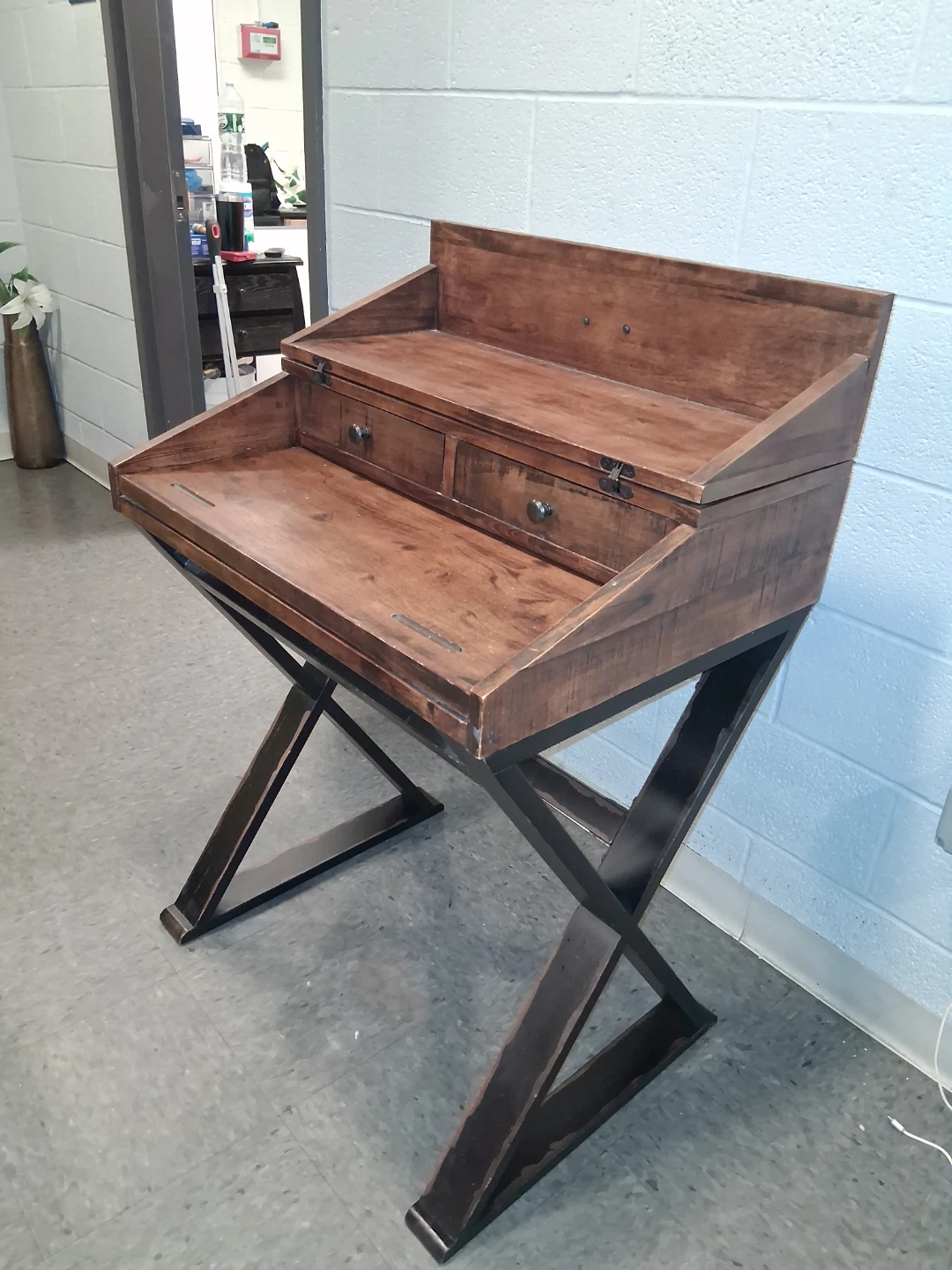 Distressed Antique Cognac and Black Wood Secretary Desk
