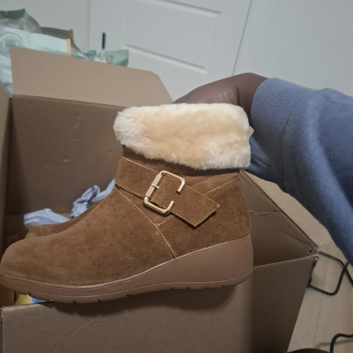 Women's Brown Suede Boots with Faux Fur Trim - photo 4
