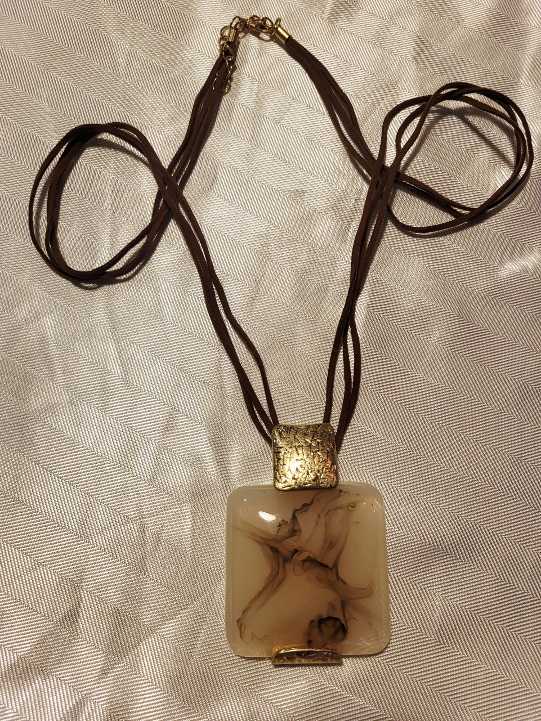 Statement Necklace w/  Marbled Resin Pendant, faux suede cord