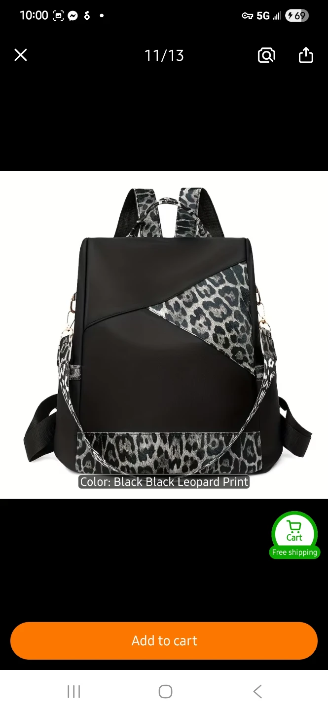 Black Leopard Print Nylon Backpack