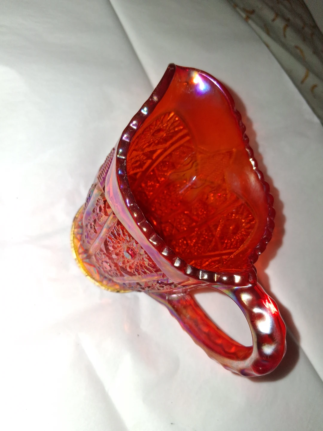 Red Carnival Glass Pitcher cup peachy color - photo 2