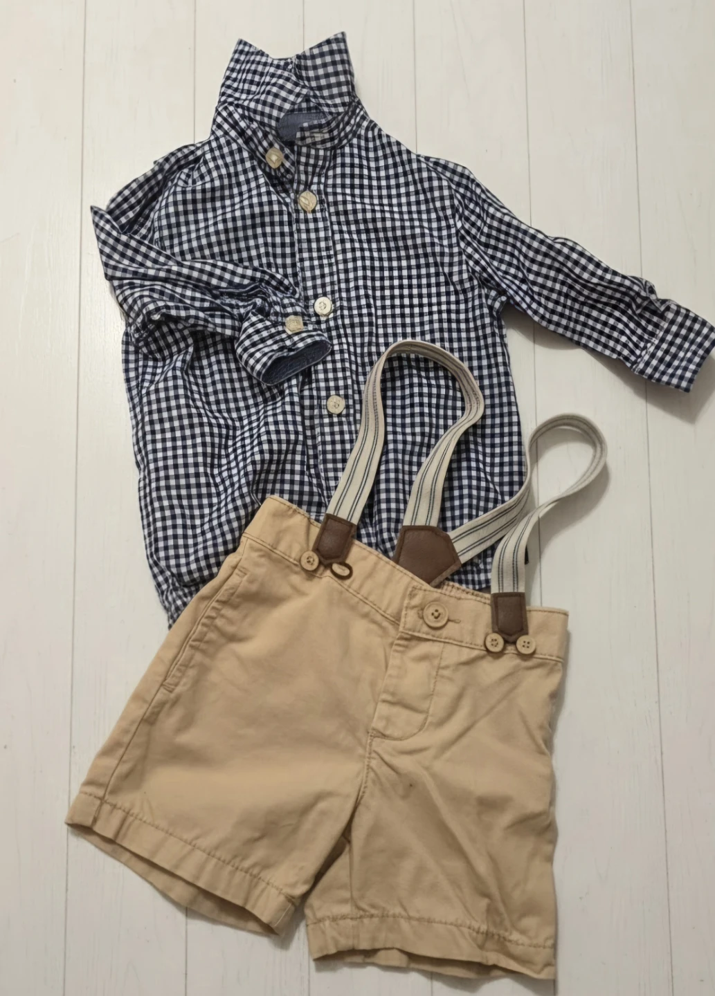 Boys Gingham Shirt and Tan Suspenders Shorts Set