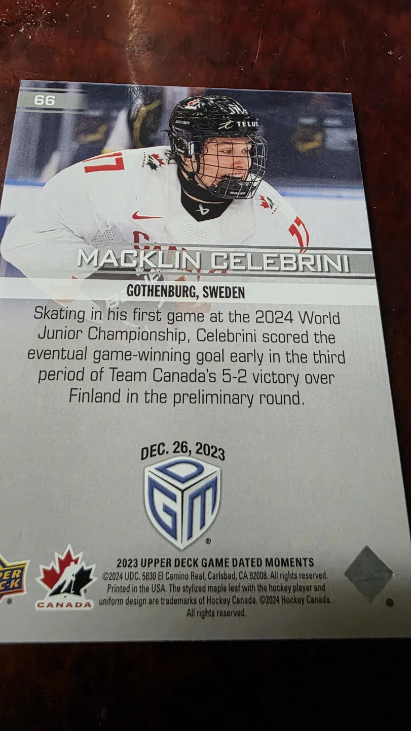 Macklin Celebrini 2024 World Junior Championship Card - photo 2