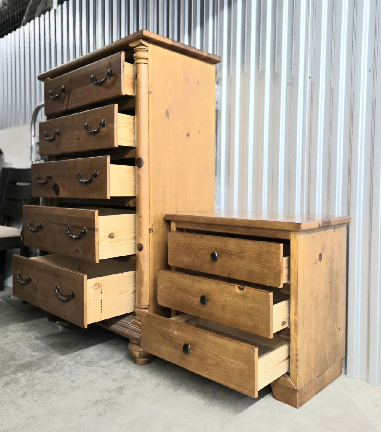Solid Pine 5-Drawer Tallboy and 3-Drawer Nightstand Set