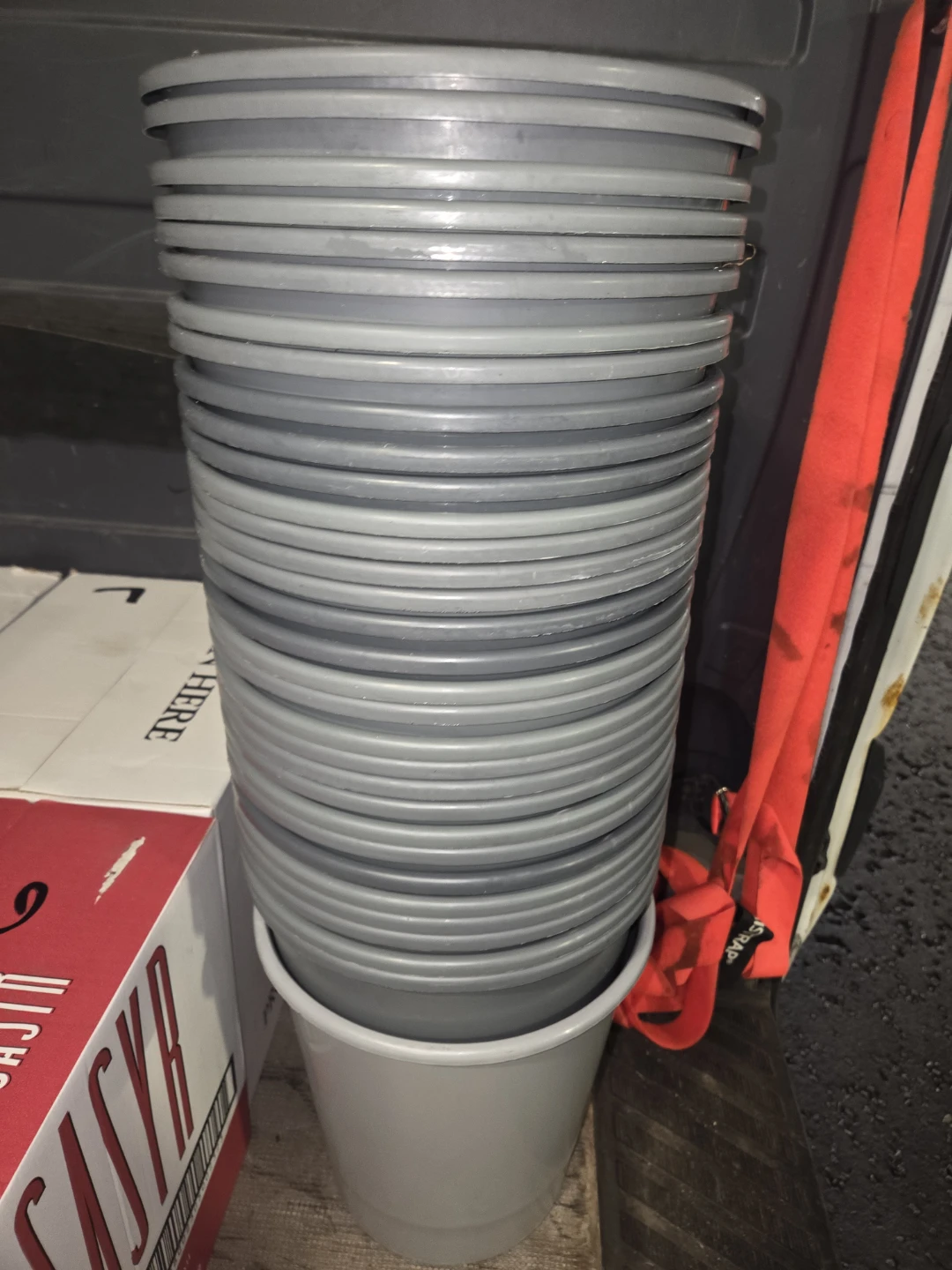 Stack of 32 Grey Plastic Buckets