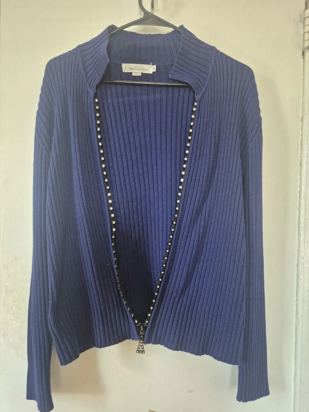 Bellidini Blue Ribbed Zipper Cardigan with Rhinestones Size M