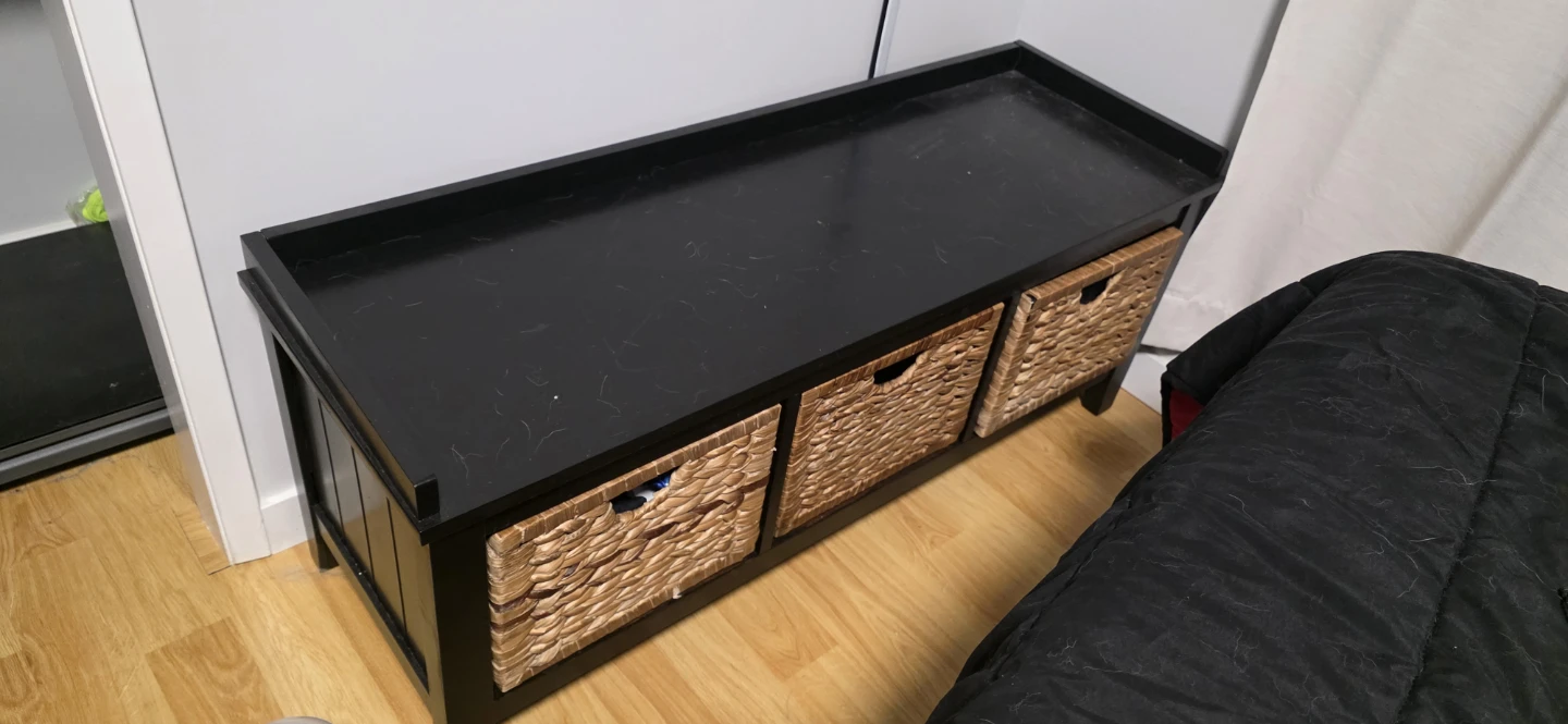 Black Storage Bench with Woven Baskets