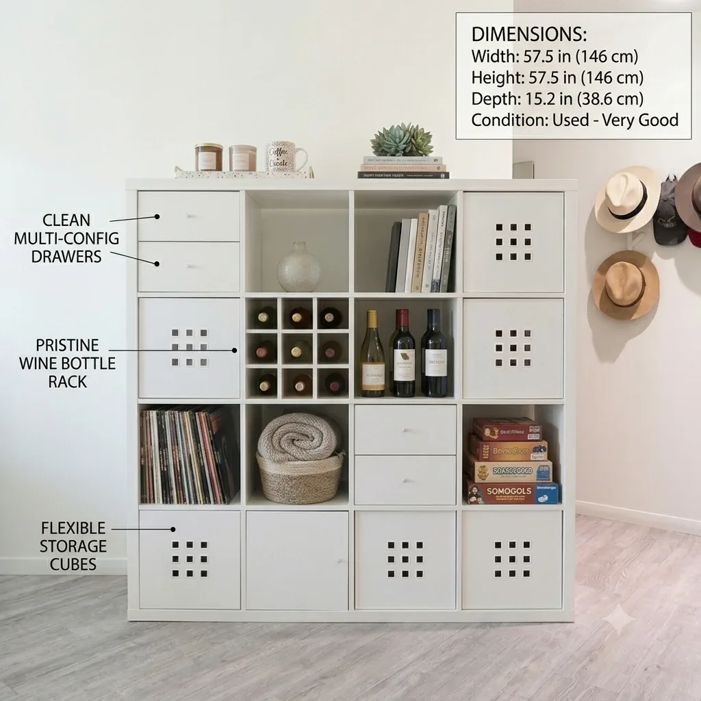 4x4 White Storage Shelf Unit with Cubbies and Drawers