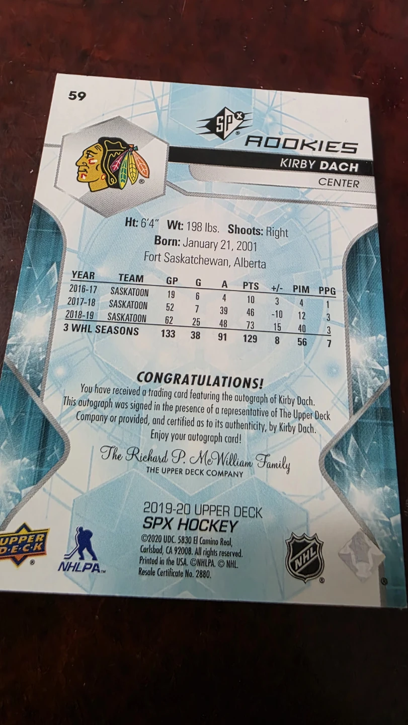 Kirby Dach 2019-20 SPx Rookies Autograph Hockey Card 07/49 - photo 2