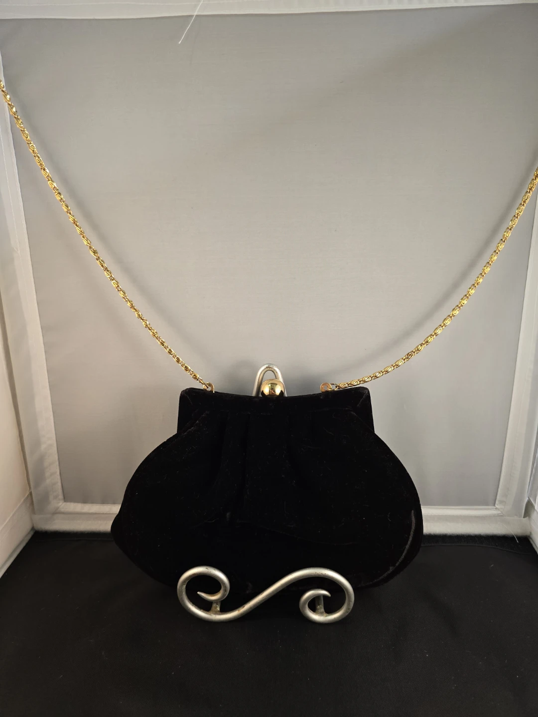 Black Velvet Clasp Purse with Gold Chain