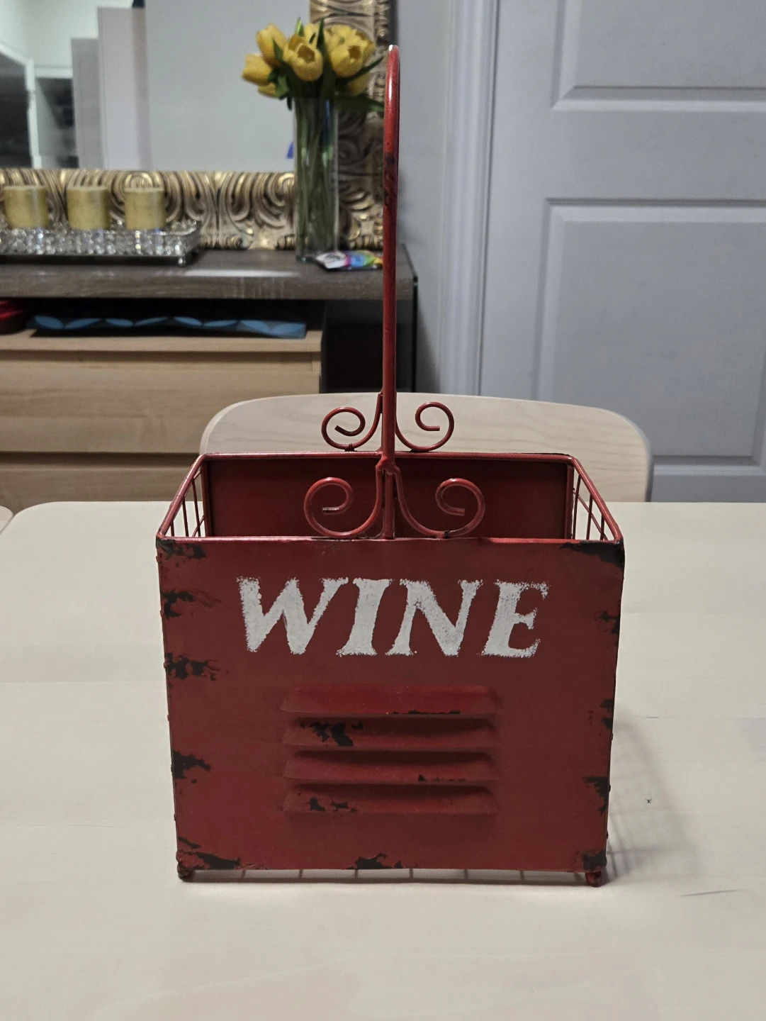 Rustic red metal wine bottle caddy