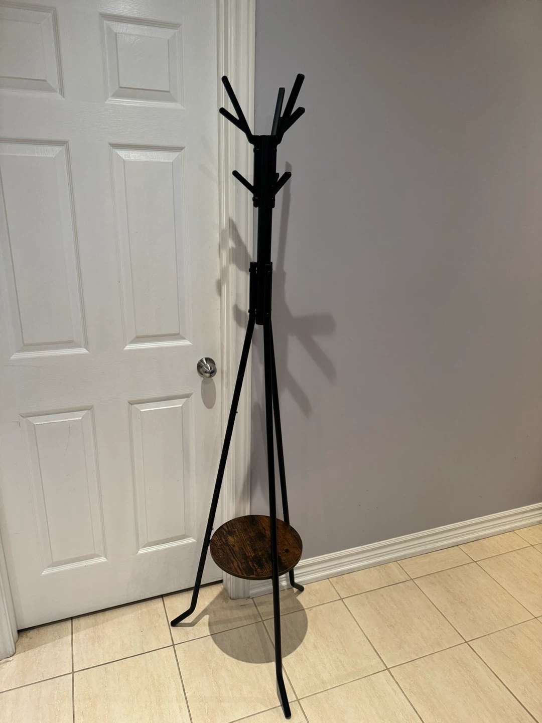 Black Metal Coat Rack with Wood Shelf