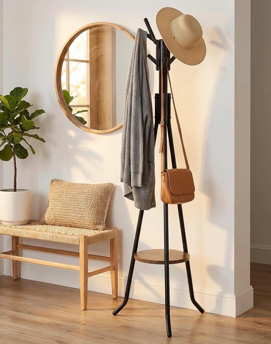 Black Metal Coat Rack with Wood Shelf - photo 4
