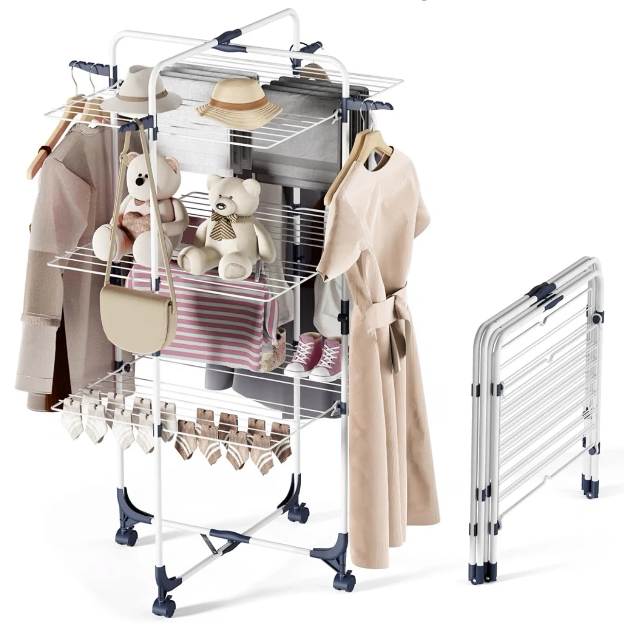 3-Tier Foldable Laundry Clothes Drying Rack on Wheels - photo 3