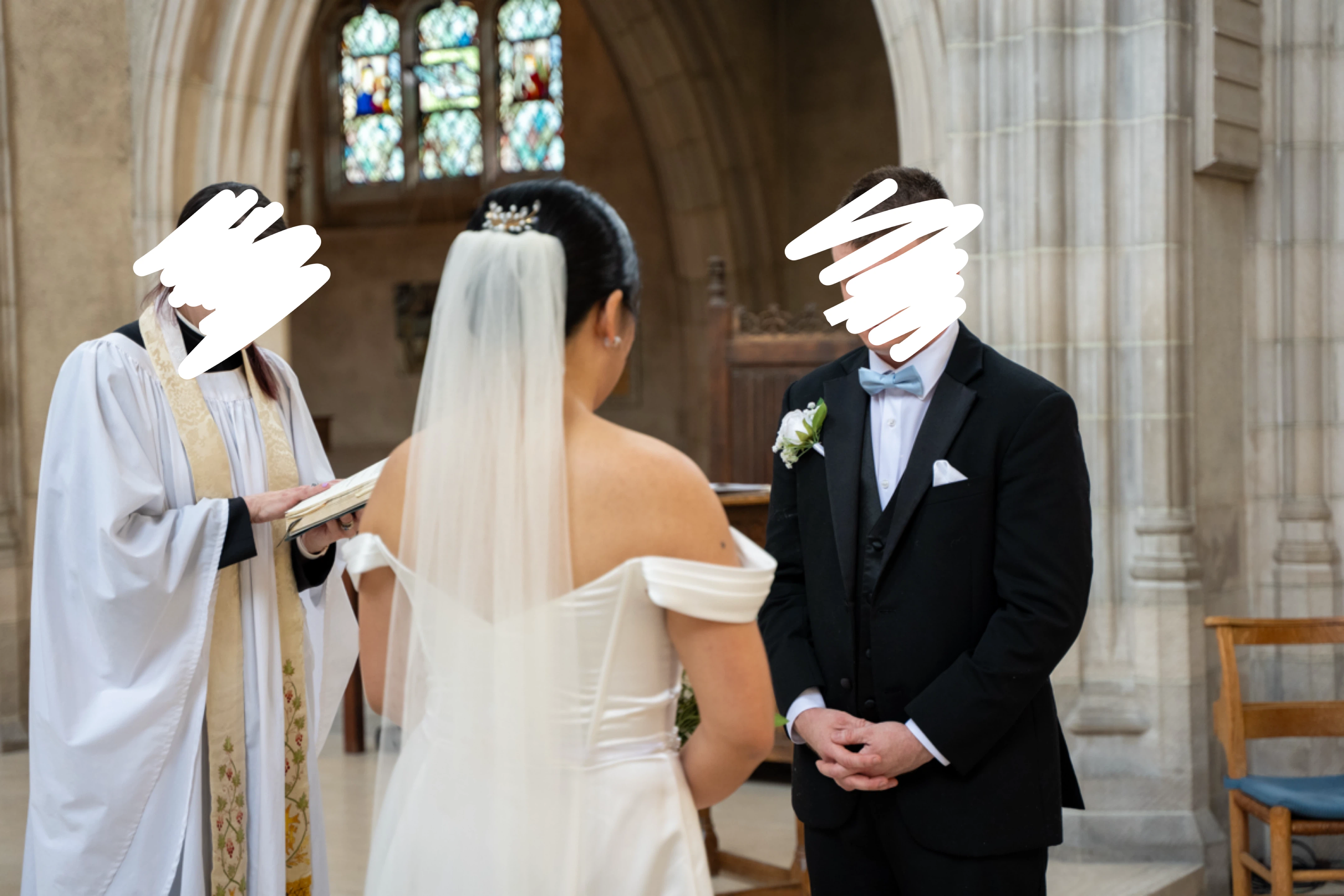 Wedding dress, veil, sash/belt, hair piece