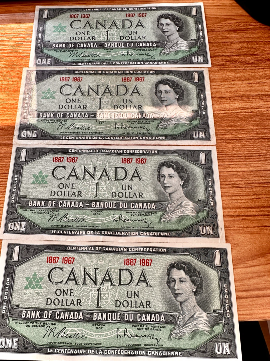 Four 1967 Canada One Dollar Banknotes