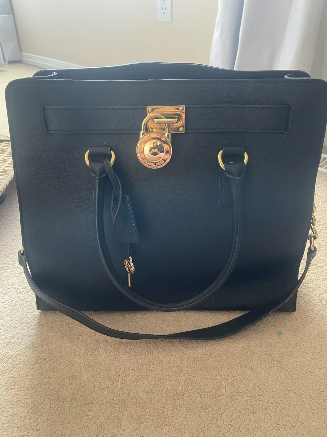 Michael Kors Black Leather Satchel Handbag with Shoulder Strap
