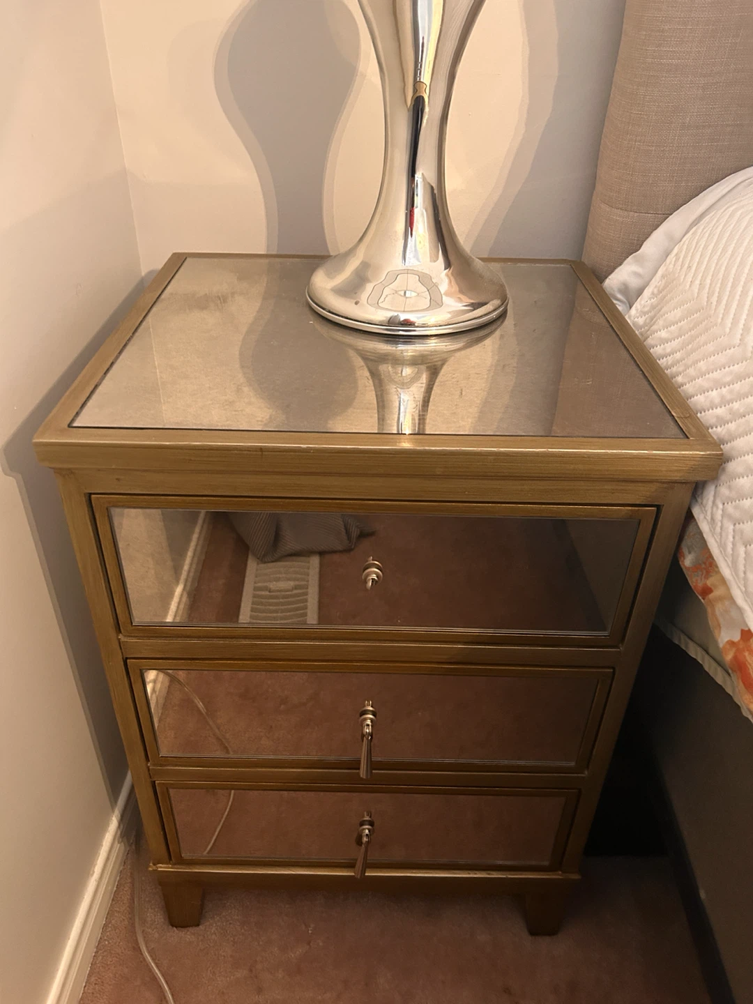 Mirrored Nightstand with 3 Drawers