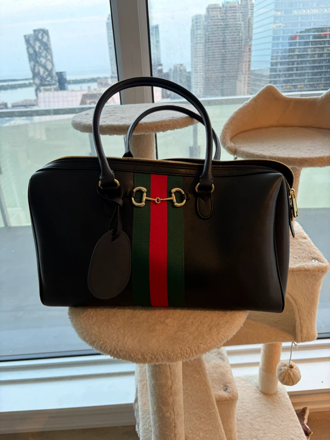 Black Leather Handbag with Green and Red Stripe