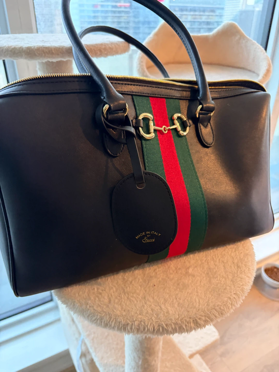 Black Leather Handbag with Green and Red Stripe - photo 3