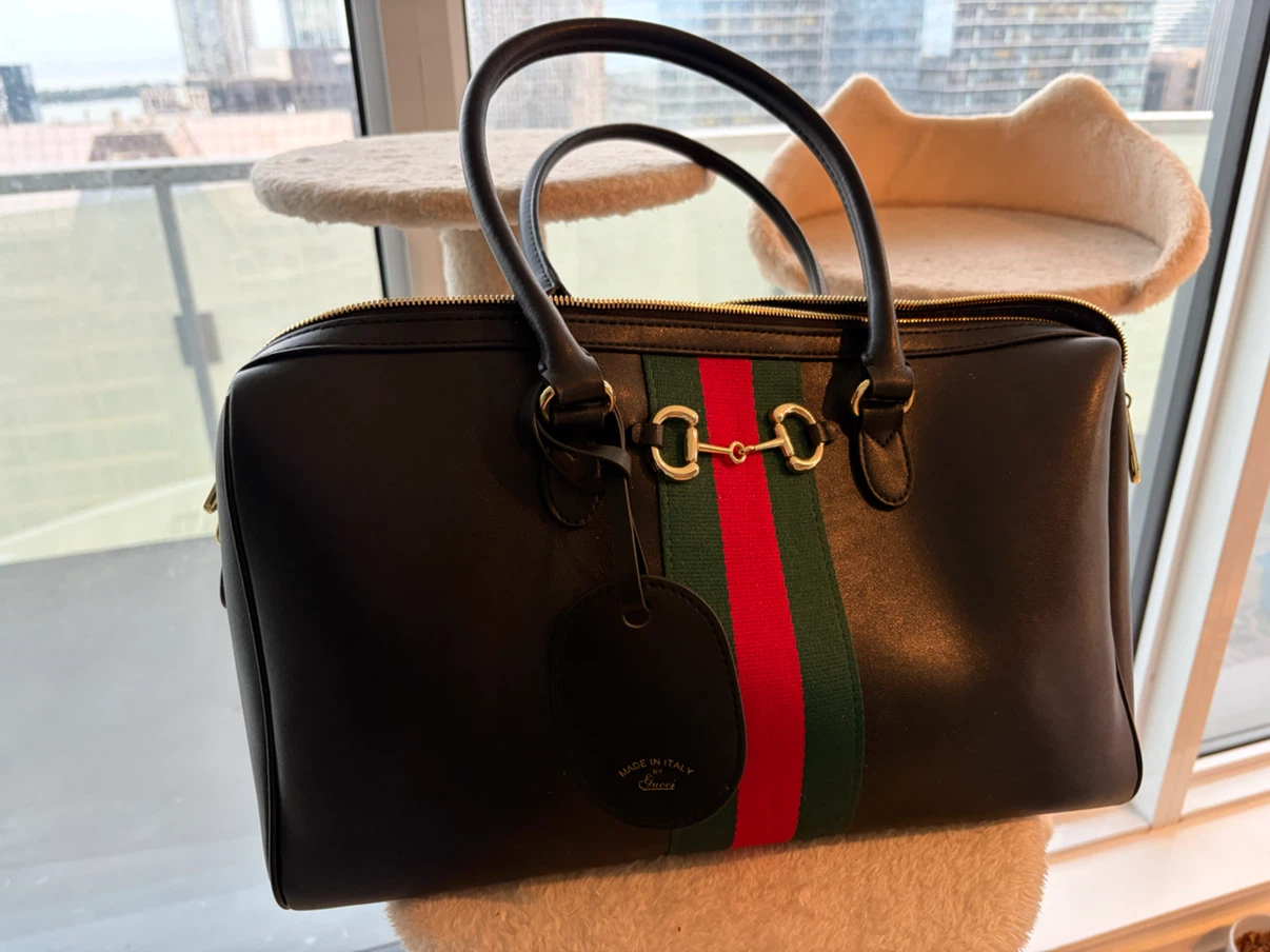 Black Leather Handbag with Green and Red Stripe - photo 4