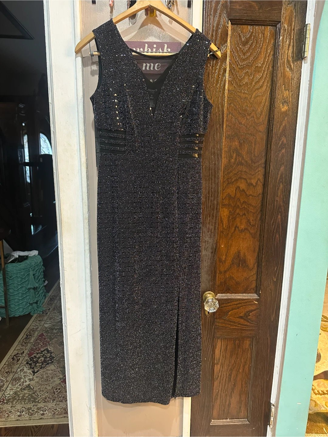 Alexa B Nites Black Beaded Sheath Dress with Slit Size 12