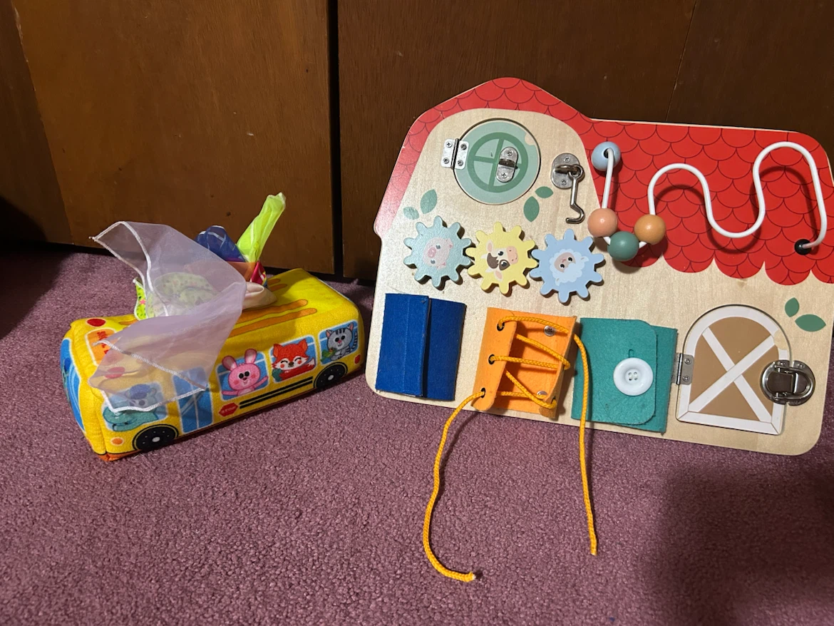 Wooden Busy Board and Tissue Box Cover