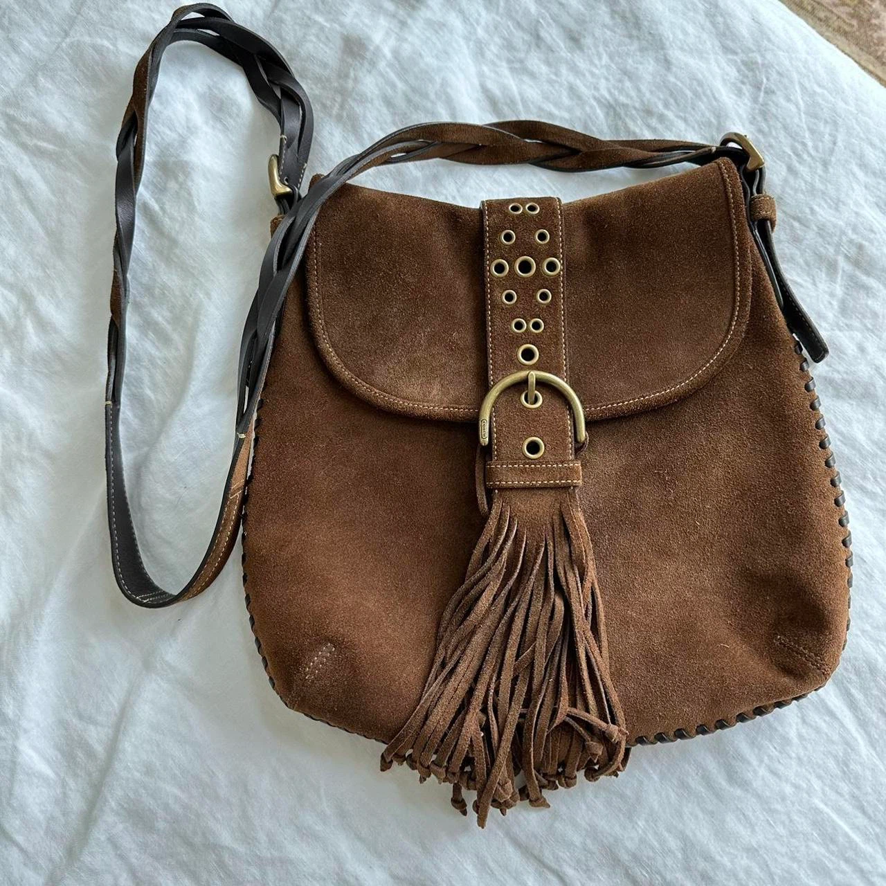 Vintage Brown Suede Coach Bag with Fringes