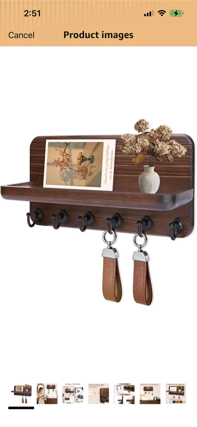 New-Rustic Wood Key Holder Shelf with 6 Hooks