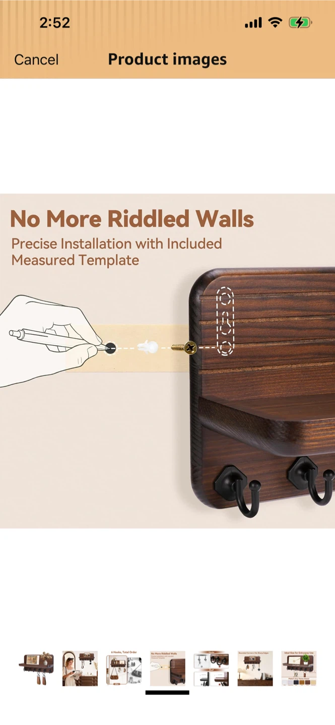 New-Rustic Wood Key Holder Shelf with 6 Hooks - photo 2