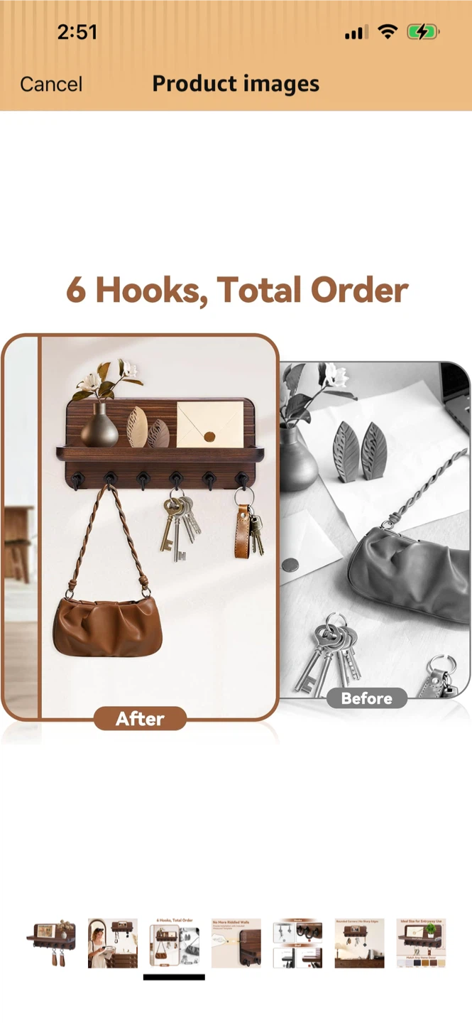 New-Rustic Wood Key Holder Shelf with 6 Hooks - photo 3