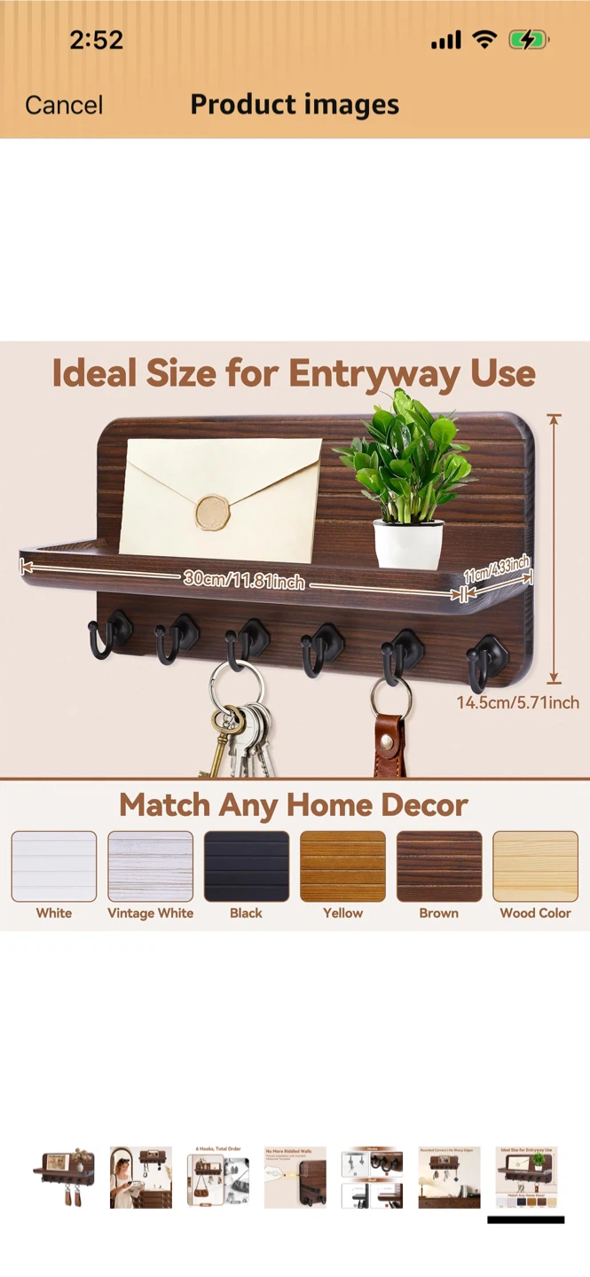 New-Rustic Wood Key Holder Shelf with 6 Hooks - photo 5