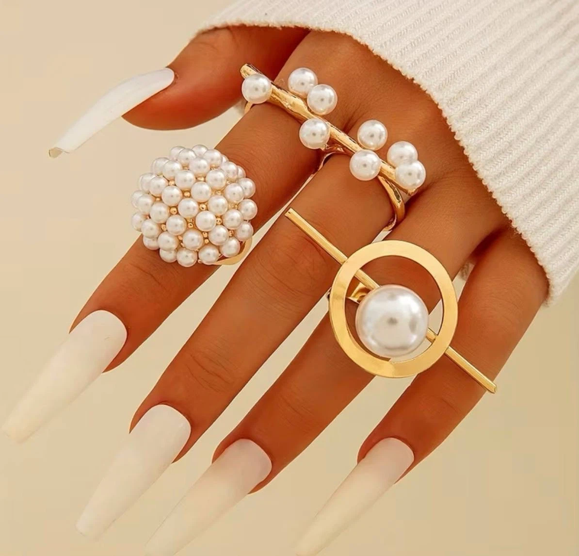 Elegant Pearl Ring Set – 3 Pieces